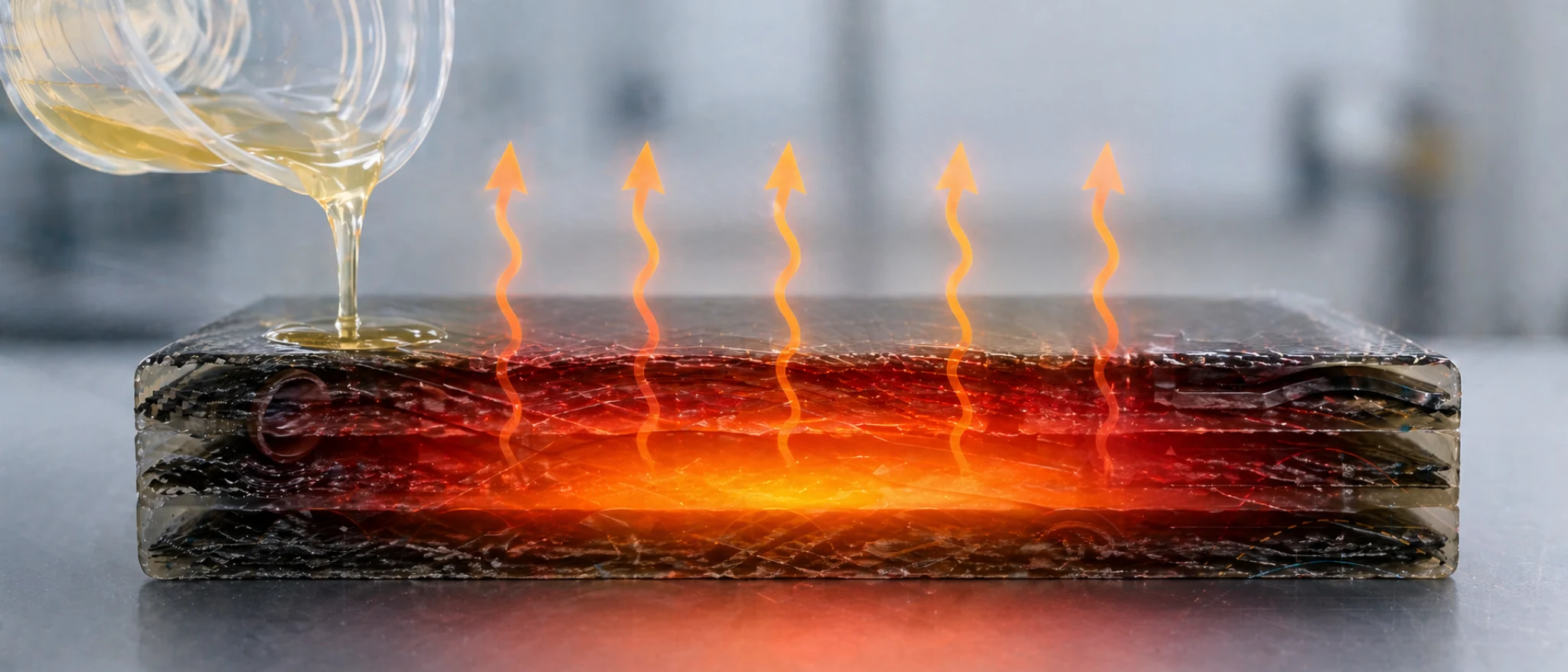 kompozit malzeme üzerine reçine dökülmesi ve ısı yayılımı illüstrasyonu