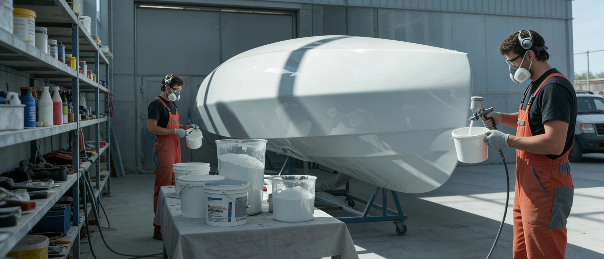 kompozit atölyesinde tekne imalatı ve boyama süreci gerçekleştiren teknik personeller