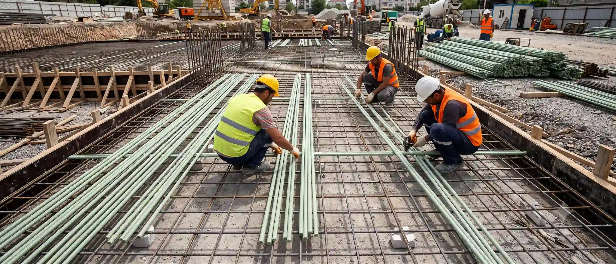 şantiyede gfrp donatı diziliyor